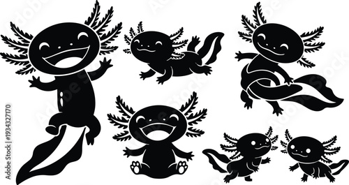 Cute black silhouette axolotls in playful jumping and swimming poses smiling at viewer close up composition multiple characters on white background bold graphic style vector illustration