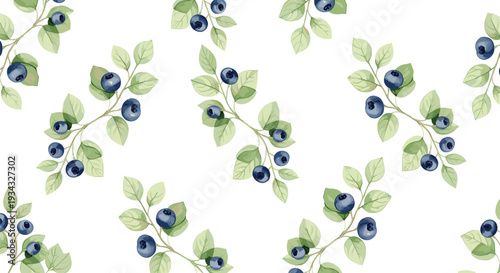 Seamless Blueberry Pattern with Watercolor Berries and Green Leaves Botanical Repeating Background Vector Illustration