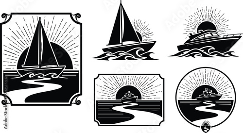 Vintage nautical badge set with sailboat and motorboat silhouettes at sunset winding sea path framed emblems close up side view on white background black ink illustration