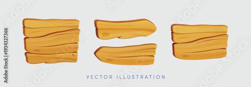 Vector cartoon 3d signboard set. 3d realistic empty wooden right, left direction arrow and rectangle plaque. Wooden brown texture choice signpost game sign, vintage street road banner collection.