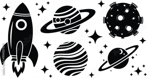 Flat silhouette space icon set rocket with flame planets with rings cratered moon stars scattered on white background isolated simple vector graphics left aligned low angle bold