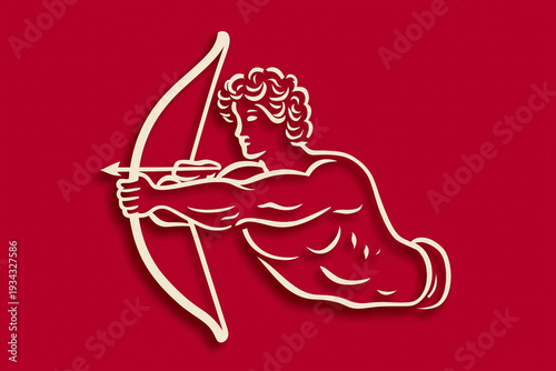 Minimal Cupid Archer Illustration. Elegant beige line art of cupid with bow and arrow on red background. Love and Valentine concept