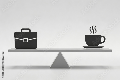 Work Life Balance. Minimal balance scale with briefcase on one side and coffee cup on the other. Work life balance and time management concept