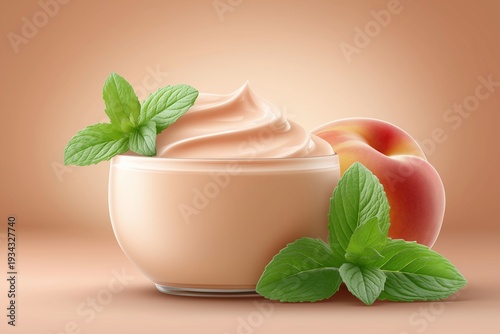 Peach Yogurt Bowl. Creamy peach yogurt swirl in glass bowl with fresh mint and ripe peach. Healthy breakfast and dairy concept