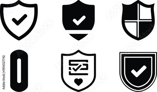 Minimal black shield icon set six security badges check marks mixed outline and solid styles flat graphic icons on white background simple vector symbols interface ui
