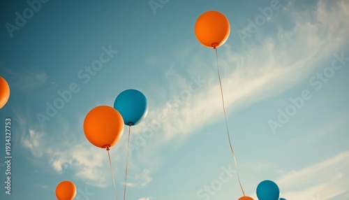 A group of colorful balloons floating gently in a clear blue sky with wispy clouds