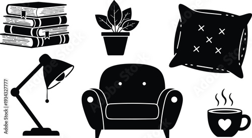 Cozy minimalist black silhouette scene low angle armchair with steaming coffee cup stack of books adjustable desk lamp potted plant decorative cushion reading nook mood relaxing