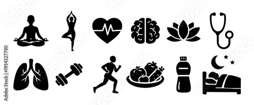 Health and Wellness Silhouette Icon Set – Meditation, Fitness, Mental Health, Telemedicine Symbols