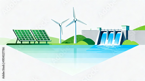 Solar, Wind and Hydropower Plant. Solar panels, wind turbines and hydro dam in flat style landscape. Renewable energy production concept