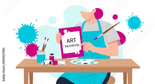 Artist Holding Art Invitation Displaying Creative Workshop Concept
