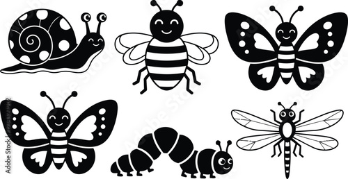 Cute black and white insect icons close up smiling bee butterfly snail caterpillar and dragonfly vector set flat style simple children friendly playful high contrast isolated