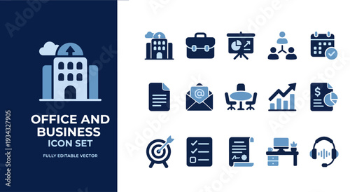 Comprehensive icon set for office and business-related applications and documents Vector