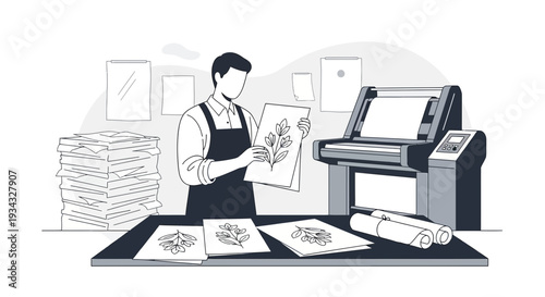 Artist Holding Botanical Drawing Near Large Format Printer and Paper Stack