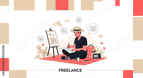 Artist Drawing Nature Scene Outdoors on Picnic Blanket