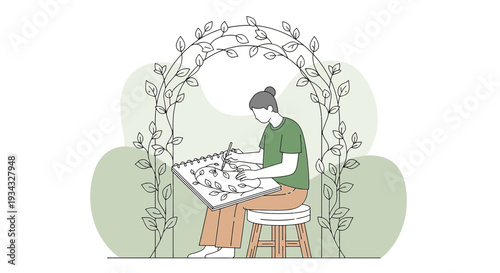 Artist Drawing Nature Sketch in Garden Archway