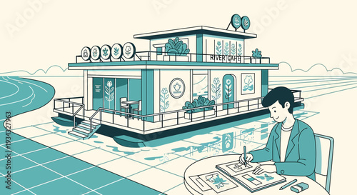 Artist drawing on houseboat cafe, creative lifestyle, serene river view