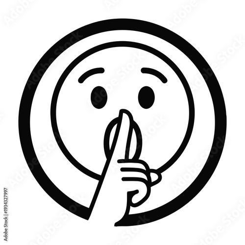 Minimalist illustration of a hand gesturing secrecy with a finger placed over closed lips in a bold black and white circular frame evoking mystery and confidentiality