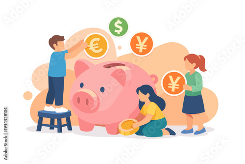 Children saving money in a piggy bank for future financial growth.