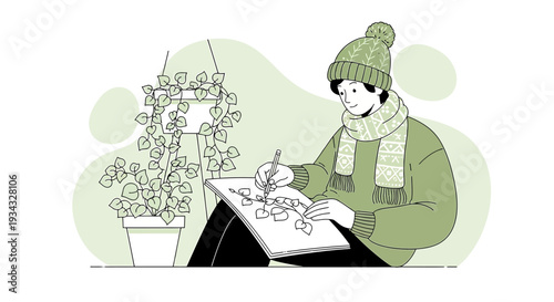 Artist Drawing Plants in Winter, Cozy Home Studio, Creative Hobbies