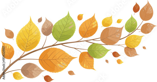 Autumn Tree Branch with Yellow, Orange and Green Leaves Falling Seasonal Nature Vector Illustration