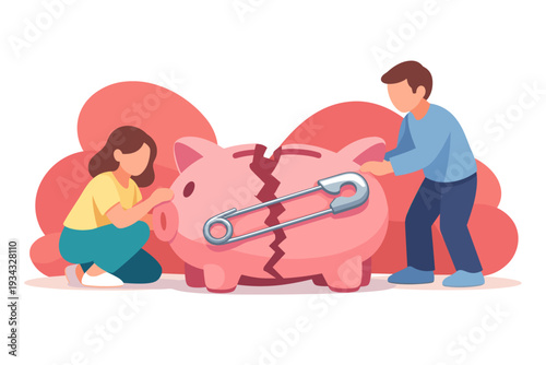 Couple attempts to repair broken piggy bank with safety pin.