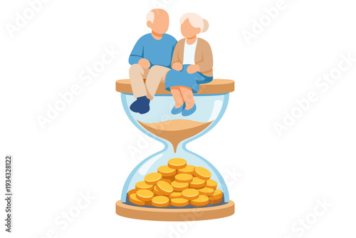 Elderly couple sitting on hourglass filled with coins symbolizing retirement savings.
