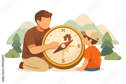 Father and son learning to use a compass outdoors.