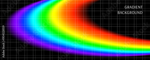 Abstract checkered background with blurred bright rainbow gradient curve. Horizontal wide graphic template for desktop, website page, advertising. Wavy neon colorful spectrum backdrop. Pride month