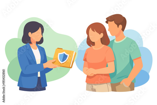 Insurance agent shows protection folder to a couple.