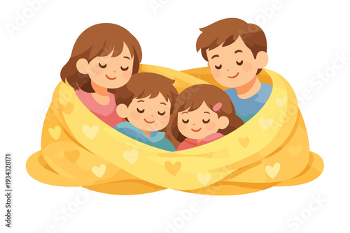 Happy Family Wrapped in a Cozy Yellow Blanket Together.