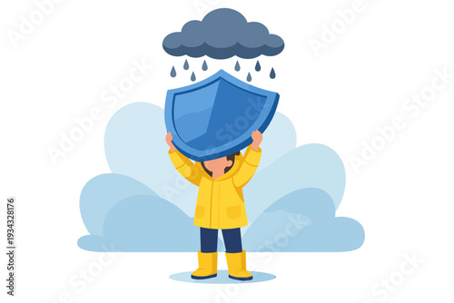 Person holding shield protecting from rain and storm clouds.