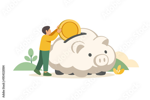 Man depositing coin into piggy bank for savings.