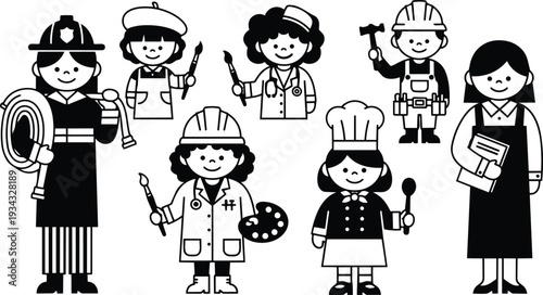 Flat black and white illustration diverse women smiling in professional uniforms firefighter holding hose nurse with stethoscope chef with spoon artist with palette teacher with books