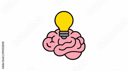 Conceptual Illustration Of A Pink Brain With A Yellow Light Bulb On Top Representing Idea And Intelligence