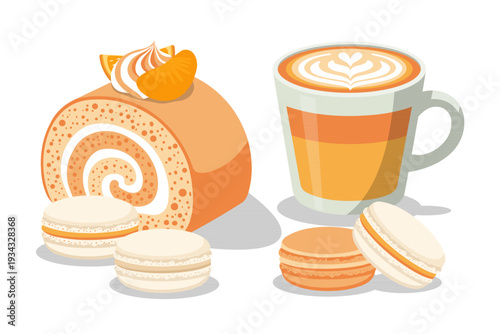Orange Citrus Roll Cake and Macaron Set with Latte