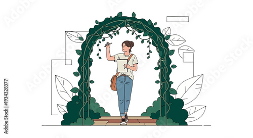 Artist drawing sketch of green floral archway garden scene, creative inspiration