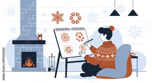 Artist Drawing Snowflakes in Cozy Winter Studio