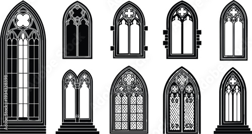 Vector gothic arched church windows close up ornamental tracery and stained glass patterns in black and white high contrast pointed lancet panels icons