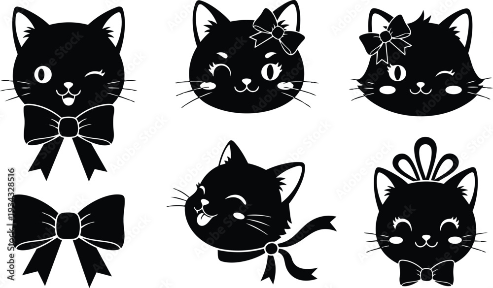 Fototapeta premium Kawaii cat face icon set with bows ribbons winking and smiling expressions close up flat vector silhouettes for greeting card and party accessory playful decorative