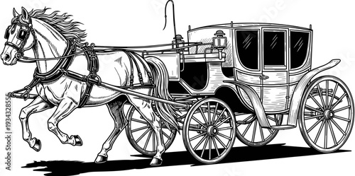 Vintage horse drawn carriage engraving featuring a majestic white horse pulling a royal stagecoach for historical and fairytale wedding design