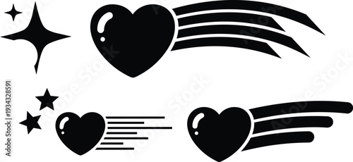 Flat black heart icons with motion trails three variations stars sparkles side view simple vector stickers isolated on white background bold graphic high contrast minimal design