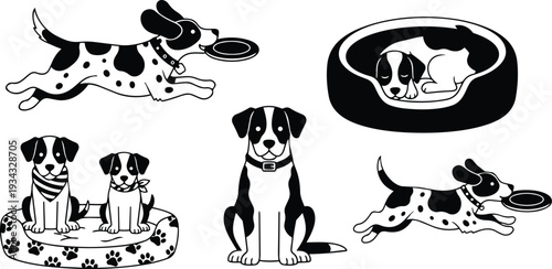 Cartoon style black and white multiple puppies playing with frisbee and resting in dog bed sitting and sleeping with bandana and collar close up illustrations