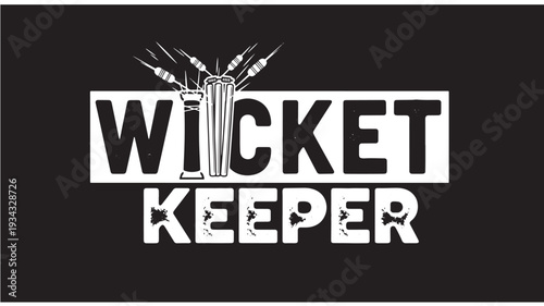 Wicket keeper logo with cricket stumps and spikes in monochrome illustration for sports branding