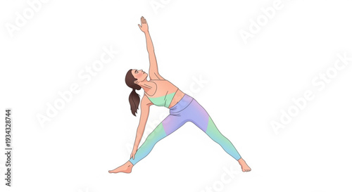 Woman in yoga triangle pose with arm extended stretching and balancing in fitness exercise on white background