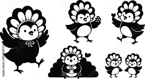 Whimsical floral head chick characters in various poses close up singing waving holding heart and cup sitting in bush playful black and white cute illustration silhouette