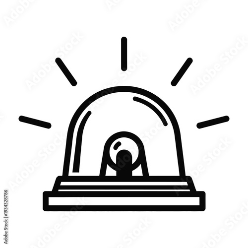 Minimalist black and white illustration of a glowing emergency beacon mounted on a sturdy base casting dynamic light rays outward for safety and alertness