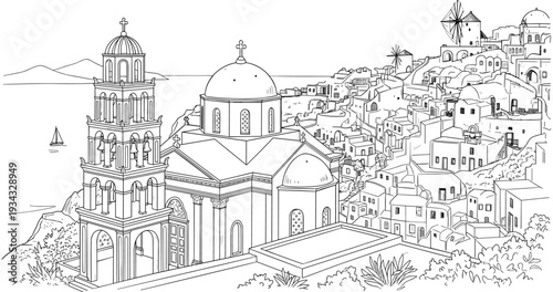Santorini Greece city landscape line art featuring traditional church with dome bell tower and windmills overlooking the sea for coloring book