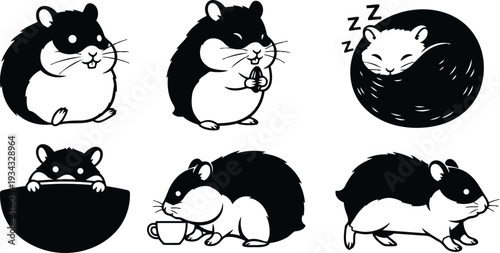 Black and white vector close up six cartoon hamsters in various poses eating napping holding seed cup drinking from mug curled playful studio lighting side view