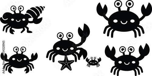 Cute cartoon crab family close up with smiling faces and raised claws holding a starfish and shell against white background playful nautical illustration simple bold silhouettes