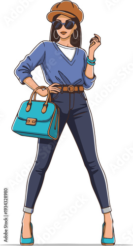 A fashionable cartoon woman posing confidently with a handbag